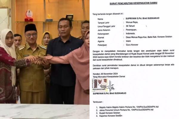 Tertekan dan Terpaksa, Guru Honor Supriyani Batalkan Perdamaian dengan Orang Tua Murid. Foto: Istimewa.