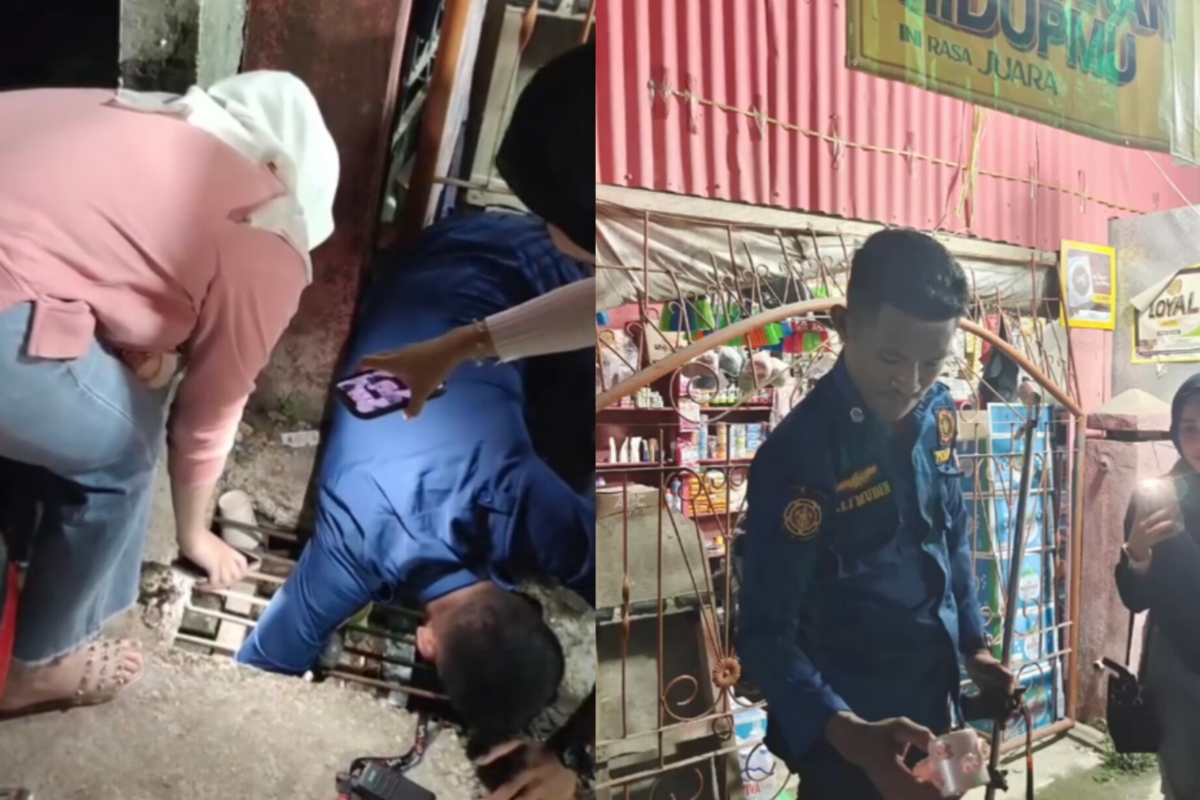 Gerak Cepat Damkar Kendari Selamatkan Kipas Portable Warga Tercebur ke Got. Foto: Tangkapan layar.