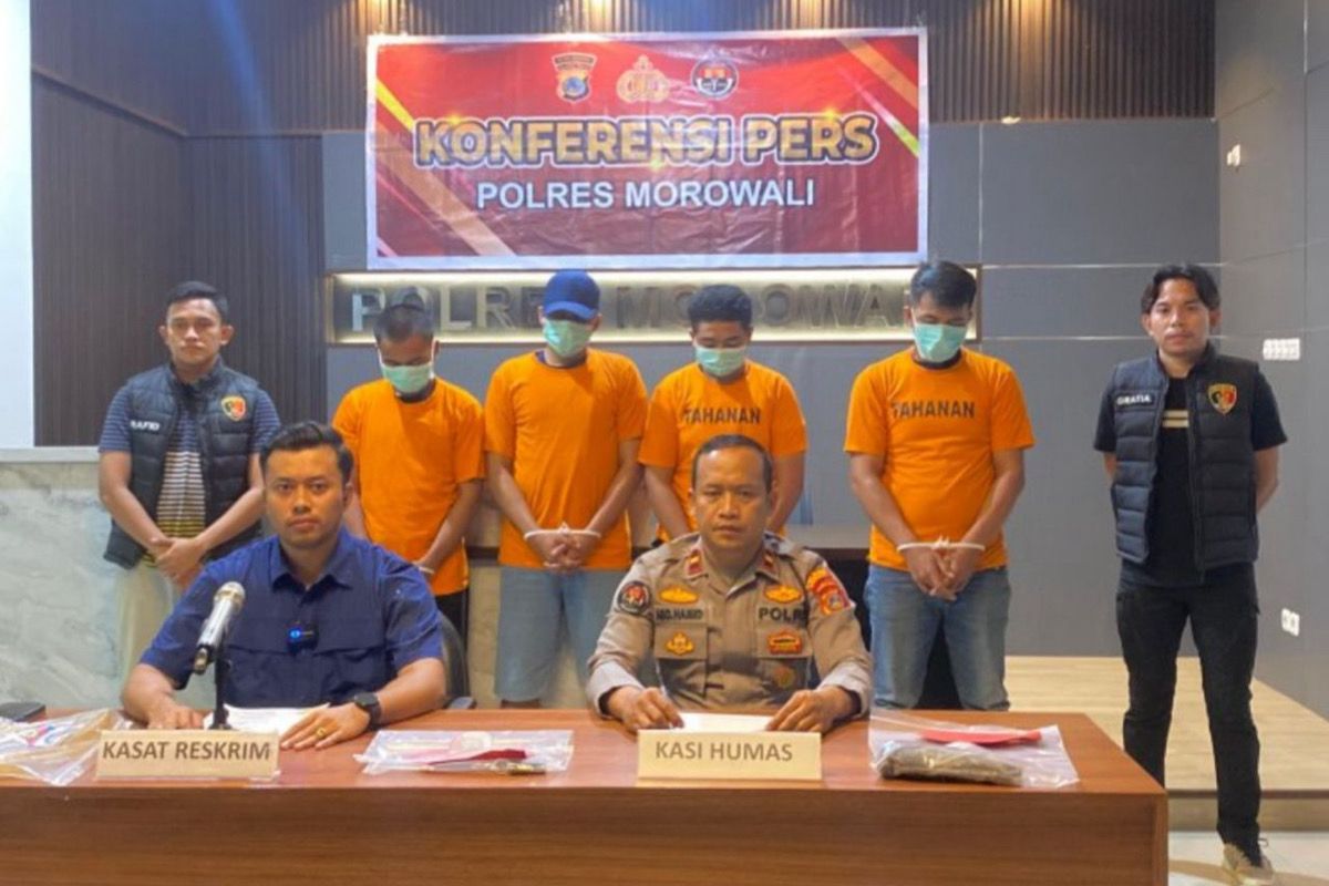 Polres Morowali telah menetapkan dan menahan empat tersangka, yakni G (oknum polisi) serta J, S, dan R (oknum sekuriti). Foto: Isitimewa.